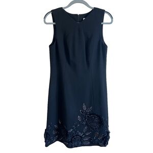 NWOT Badgley Mischka Black Wool Crepe Floral Embroidered A-Line Dress